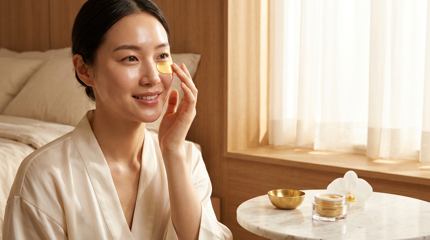 Korean woman applying gold peptide eye patches
